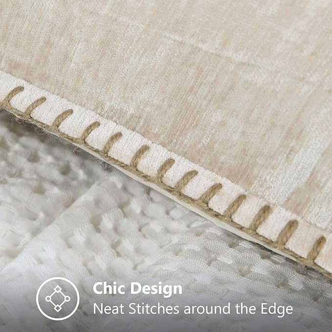 decorUhome Chenille Soft Throw Pillow Covers 24x24 Set of 2, Farmhouse Velvet Neutral Decorative Euro Pillow Covers with Stitched Edge for Couch Sofa Bed Home Decor, Beige