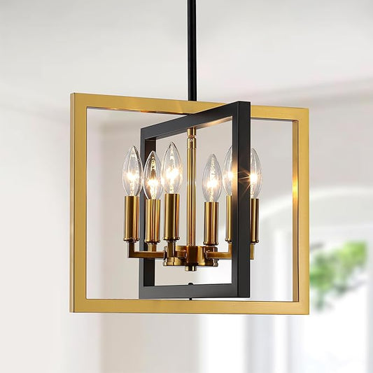 ANKYLHUA Small Black Gold Chandelier,6-Lights Ceiling Light Fixture E12,Adjustable Hight Pendant Lights Kitchen Island,Chandeliers for Dining Room Bedroom,Entryway,Foyer