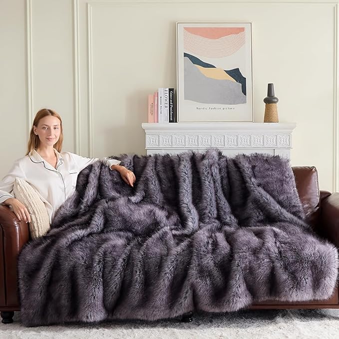 Fluffy Faux Fur Throw Blanket – Super Soft Warm Thick Plush Blanket for Bed, Couch & Office, Cozy Fuzzy Throw with Flannel Backing,90"x90", Grey