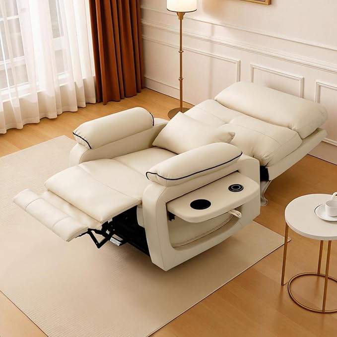 Dual Motor Power Lift Recliner Chair for Adult & Elderly, Infinite Position Lay Flat Lift Chair with Heat & Massage, Cup Holder, Lumbar Pillow, Wireless Charger, USB Ports, Leather (Beige)