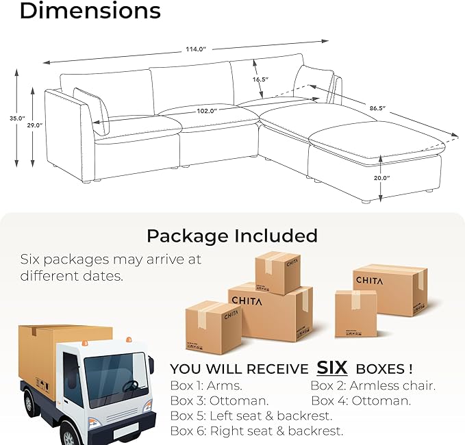 CHITA Sectional Modular Down Filled L Shape Sofa, Comfty Feather L Shape Cloud Couch,FSC Certified L Shaped Couch for Living Room, 114 inch Width,5 Seat with 2 Storage Ottomans, Snow