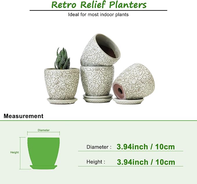 4 Inch Mini Plant Pots, Ceramic Succulent Planter with Drainage Hole and Saucers for Indoor Plants, Small Garden Pots for Succulent, Herb and Flower, Set of 4