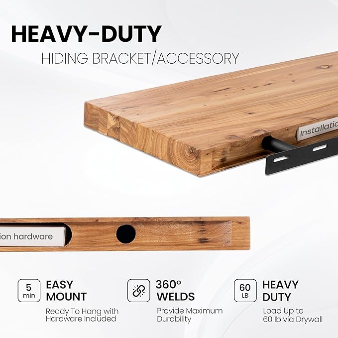 Floating Shelves for Wall, 36" Live Edge Solid Elm Wood Floating Shelf, Wall-Mounted Display Shelves with Invisible Heavy-Duty Metal Bracket, Floating Shelf for Kitchen (Natural, Set of 2)