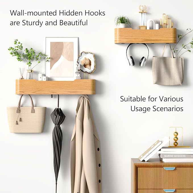 Coat Rack Wall Mount with Hidden Hooks Entryway Hanging Shelf Modern Wood Coat Hanger for Bedroom Kitchen Hallway Bathroom (Oak, 20.9 Inch Long)