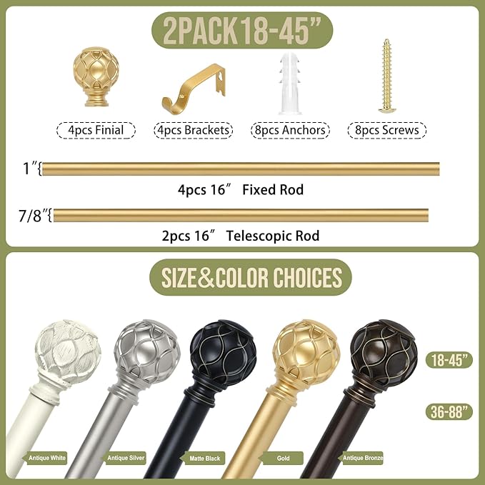 Gold Adjustable Curtain Rods for Windows:Farmhouse Heavy Duty Curtain Rod for Bedroom Living Room,Boho Decorative Rustic Drapery Rod with Vintage Coastal Texture Finial,Brass Gold 2Pack 18-45"