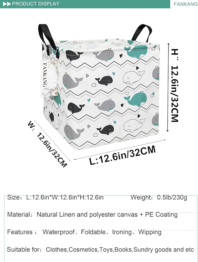 FANKANG Square Nursery Hamper Storage Bins Canvas Laundry Basket Foldable with Waterproof PE Coating Storage Baskets Gift Baskets for Children, Office, Bedroom, Clothes（Square-whales ）