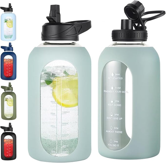 64 oz Glass Water Bottle With Straw and Handle, Half Gallon Sports Motivational Water Jug Flask with Silicone Sleeve, Large Water Cup with Time Marker for Travel, Gym, Sage
