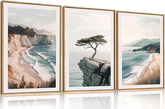 Celestdeco Amalfi Coastal Seascape Framed Canvas Wall Art Set, Summer Ocean Wall Decor, Southwestern Beach Wall Painting, Ocean Seascape Art Prints for Living Room, Bedroom, Dining Room - 24"x36"x3