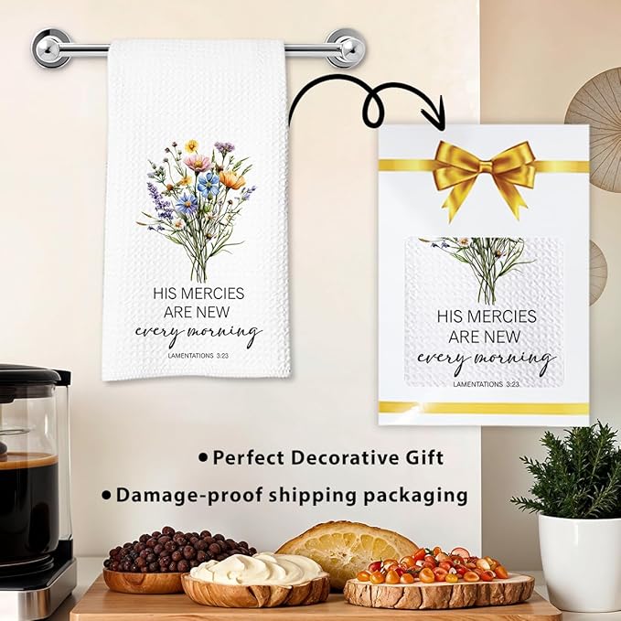 Christian Kitchen Towel, Waffle Weave Microfiber Scripture Hand Towel, His Mercies are New Every Morning Bible Verse Farmhouse Decor for Kitchen Bathroom, Inspirational Gift for Women