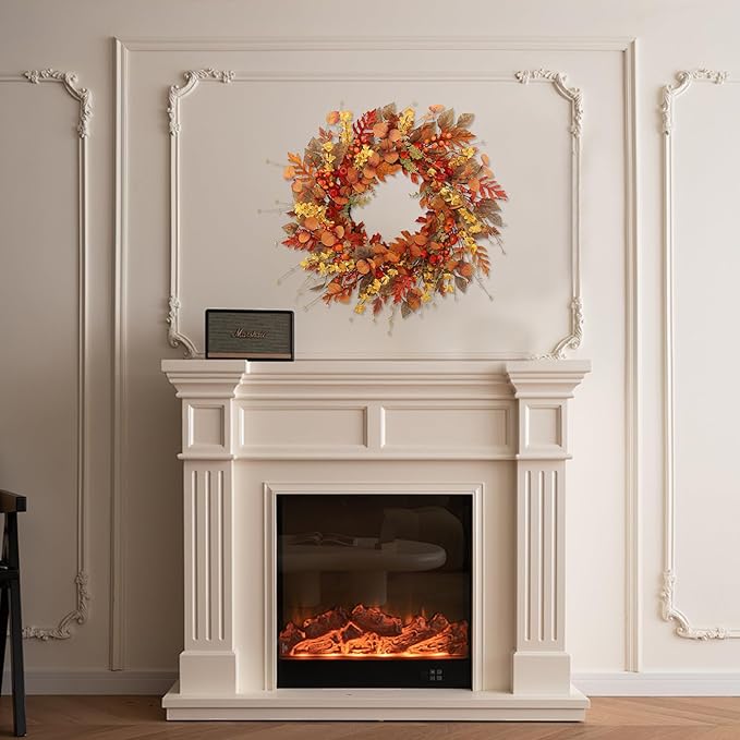 22 inch Artificial Fall Wreaths for Front Door,Autumn Wreath with Large red Berries and Fall Leaves Suitable for Indoor Outdoor Wall Porch Harvest Festival Thanksgiving Day Farmhouse Holiday Decor.