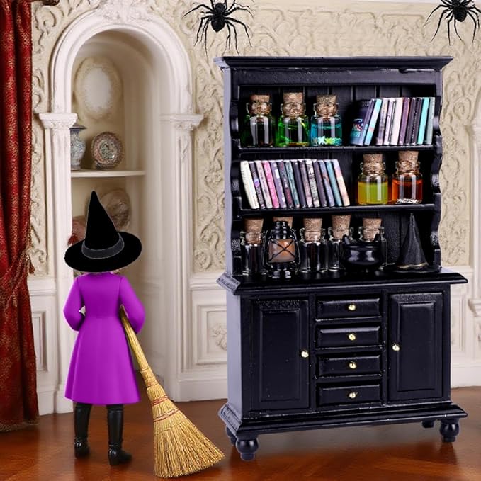 56 Pcs Halloween Miniatures Decorations 1:12 Scale Magic House Accessories Mini Wooden Bookshelf Furniture Set Tiny Sorcery Bottles Books Desk Chair Witch Hat Dollhouse Decor