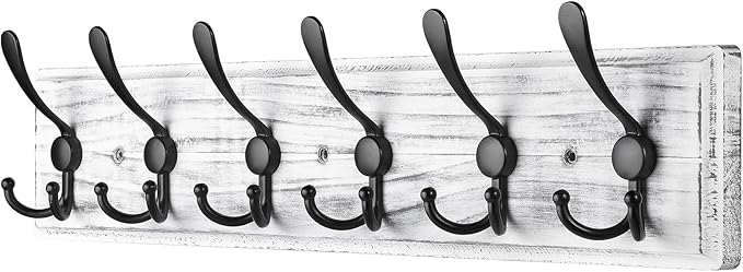Coat Rack Wall Mount, Wooden Heavy Duty Coat Rack for Wall,6 Triple Coat Hanger Hooks for Hanging Coats,Jacket,Hat,Clothes (Grey White, 6 Hooks)