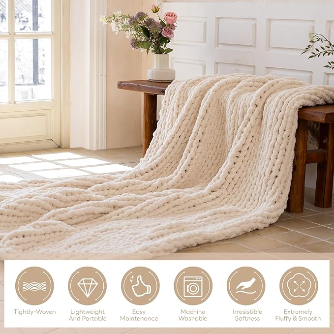 Chunky Knit Blanket - Luxury Soft Cozy Extra Large Size (80 * 90) Throw Blanket,100% Woven Blanket Rope Knot Throw Blanket for Couch, Sofa, Home Decor, Gift - Machine Washable（Cream）