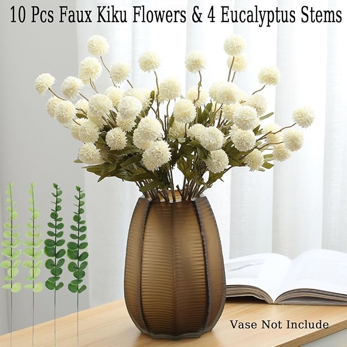 Faux White Kiku Flower, 10 Stems with 5 Heads Each & 4 Branches Eucalyptus Stems, Artificial Small Mini Chrysanthemum Flowers for Aesthetic Room Decor, Floral Arrangements Centerpiece