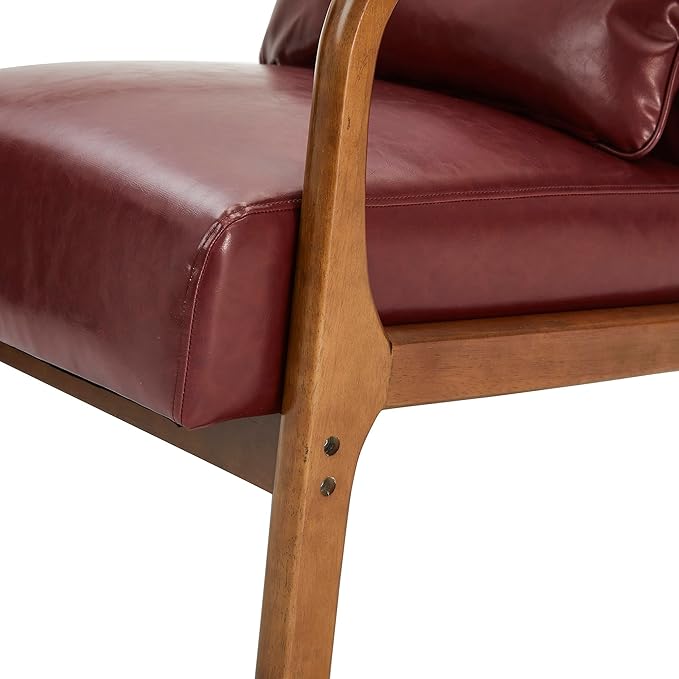 Glitzhome 30.75" H Mid Century Red Accent Armchair, Single Reading Armchair PU Leather Lounge Chair with Walnut Ruberwood Frame
