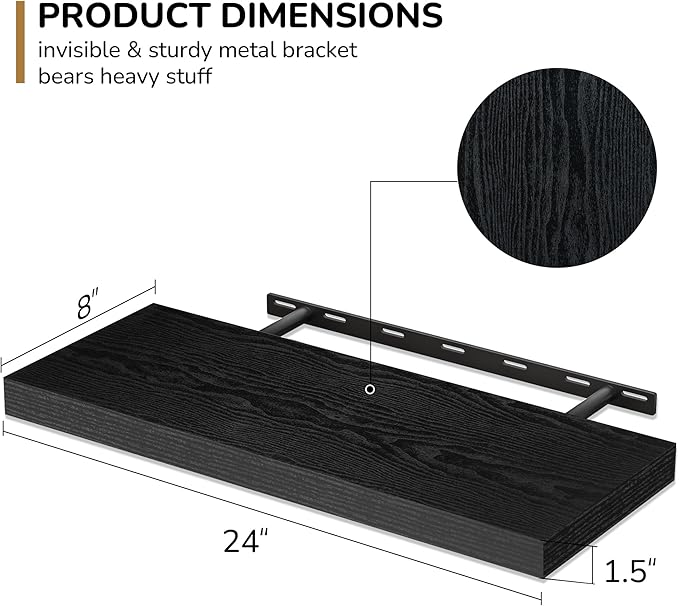 Fun Memories 24 Inch Floating Shelves - Deep Rustic Black Wooden Wall Shelves - Extra Deeper & Thicker Wall Mounted Storage Shelf for Bedroom, Kitchen, Farmhouse - 2 Pack, Rustic Black