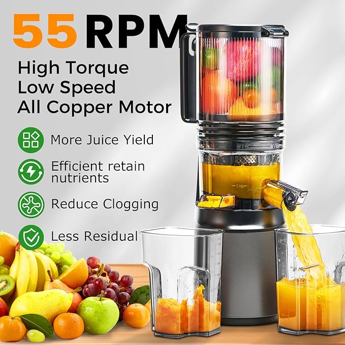 Cold Press Juicer,Slow Masticating Juicer Machines with 5.3" Large Feed Chute for Most Fruits and Vegetables,Easy to Clean Lemon Orange juicer with 250W Motor and High Juice Yield,Metal Gray