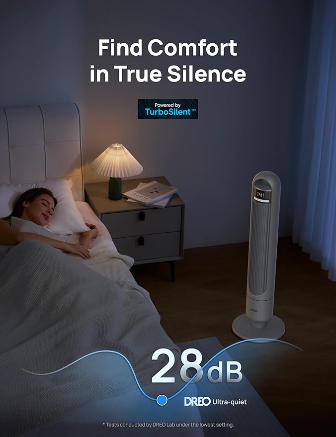 Dreo Tower Fan for Bedroom, 90° Oscillating Fan, Standing Fan with 3 Modes, 4 Speeds, 8H Timer Cooling Fans for Home, Living Room, Office, Grey, TF117