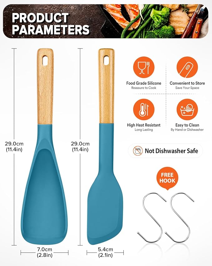 Cooking Spoon and Scraper for Nonstick Cookwares, Great for Cooking and Serving Durable BPA-Free Matte Silicone, Wood Handle Multifunction Spoon for Mixing, Scoop, and Scrape (BLUE)