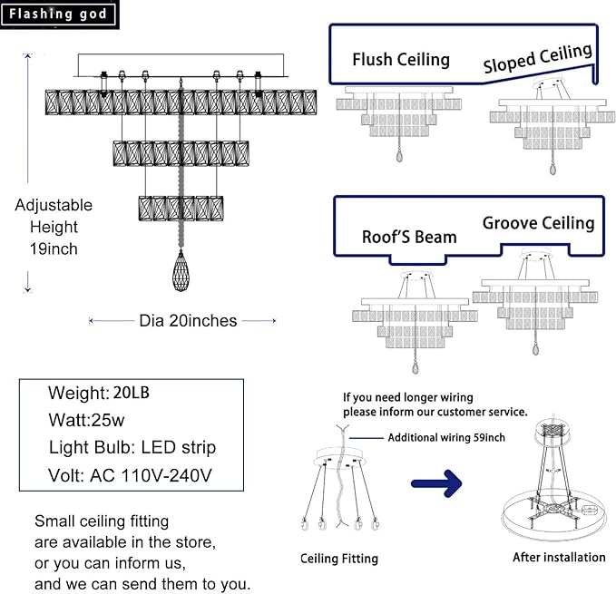 Flashing God Dia 20" Modern Chandeliers for Dining Room Black Flush Mount Ceiling Chandeliers LED Dimmable Pendant Lighting Crystal Ceiling Light Fixture for Living Room Bedroom Hallway 2700K-6000K