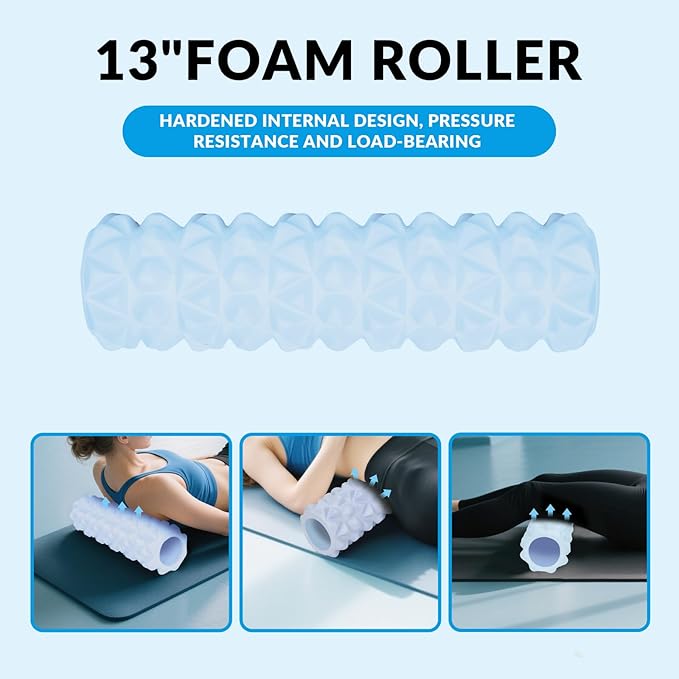 7 in 1 Foam Roller,Products Include Foam shafts,Muscle Roller Bars,Leg Massagers,Fascia Balls,Stretch Bands,8-Shaped Resistance Bands,are Used for Full-Body Relax,Yoga(White Pink Blue) (Blue)