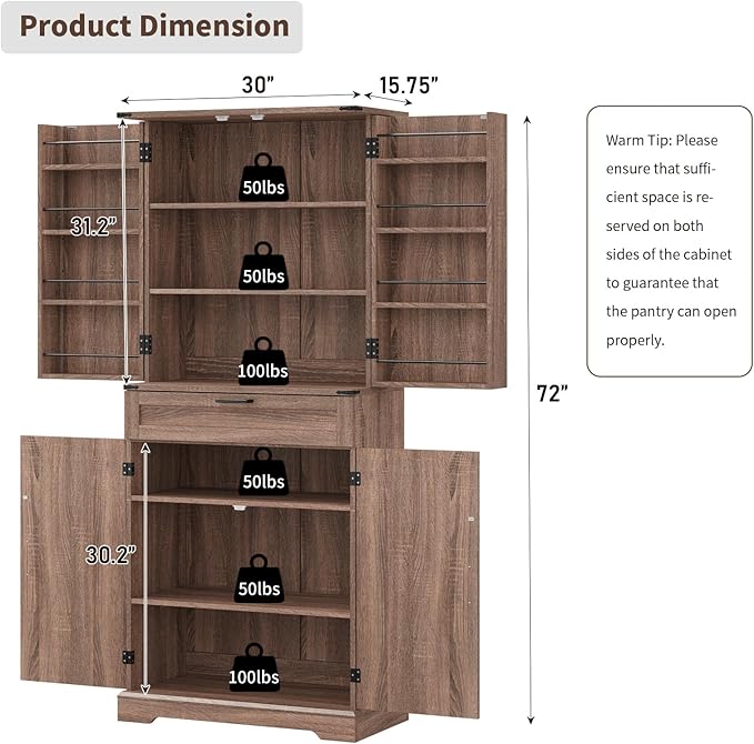 72'' Kitchen Storage Pantry Cabinet, Tall Storage Cabinet with 8 Door Shelves, 2 Cabinets and 1 Drawer, Freestanding Cupboard for Kitchen, Dining Room, Bathroom, Laundry, Living Room, Espresso