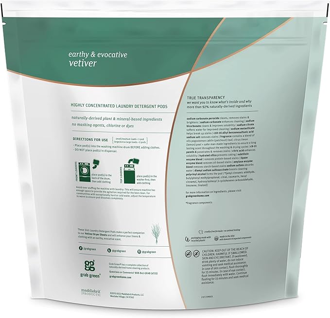 Grab Green 3-in-1 Laundry Detergent Pods, 132 Count, Vetiver Scent, Plant and Mineral Based, Superior Cleaning Power, Stain Remover, Brightens Clothes