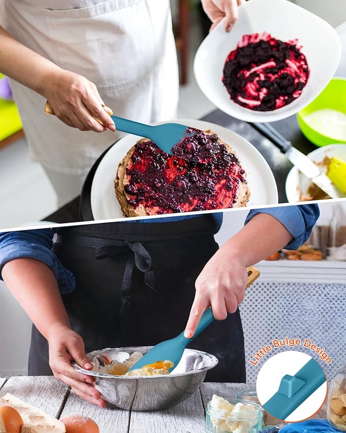 Cooking Spoon and Scraper for Nonstick Cookwares, Great for Cooking and Serving Durable BPA-Free Matte Silicone, Wood Handle Multifunction Spoon for Mixing, Scoop, and Scrape (BLUE)