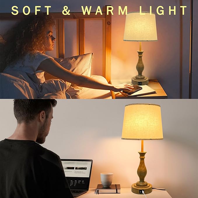 Farmhouse Table Lamp Touch Control 3-Way Dimmable Table Lamp, Modern Nightstand Lamp with 2 USB Port Bedside Desk Lamp with Fabric Shade for Living Room (Pack 1-Beige Shade & Touch)