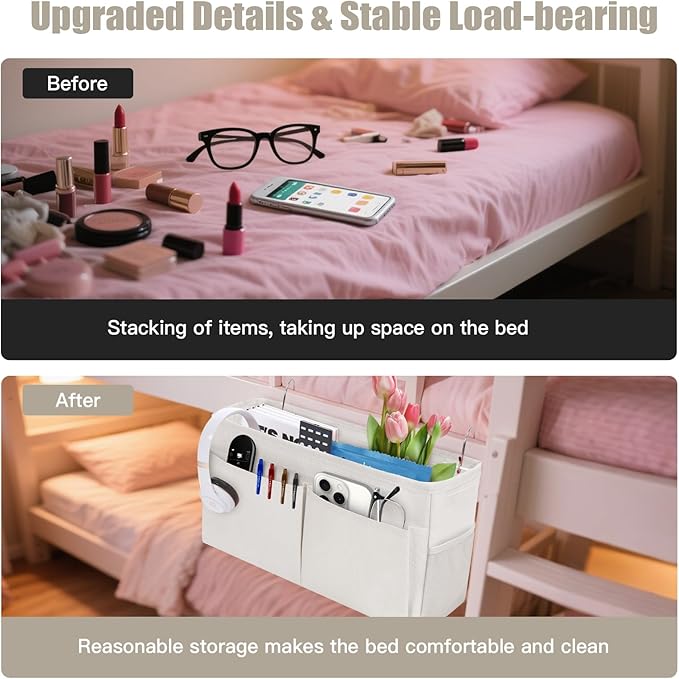 Bedside Caddy Organizer with Fixed Straps, Bunk Bed Caddy ideal for Home, Bunk Bed, Dorm, Hospital, Crib, Versatile Bedside Storage Solution (Beige)