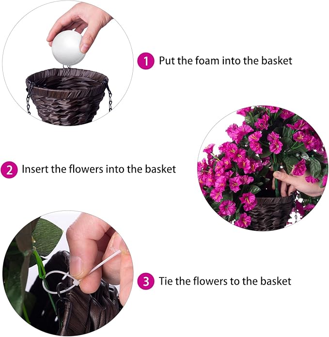 Artificial Fake Hanging Flowers Plants Baskets for Outdoor Outside Decoration, Faux Silk UV Resistant Realistic Fuchsia Morning Glory Planter for Home Porch Patio Balcony Garden Yard