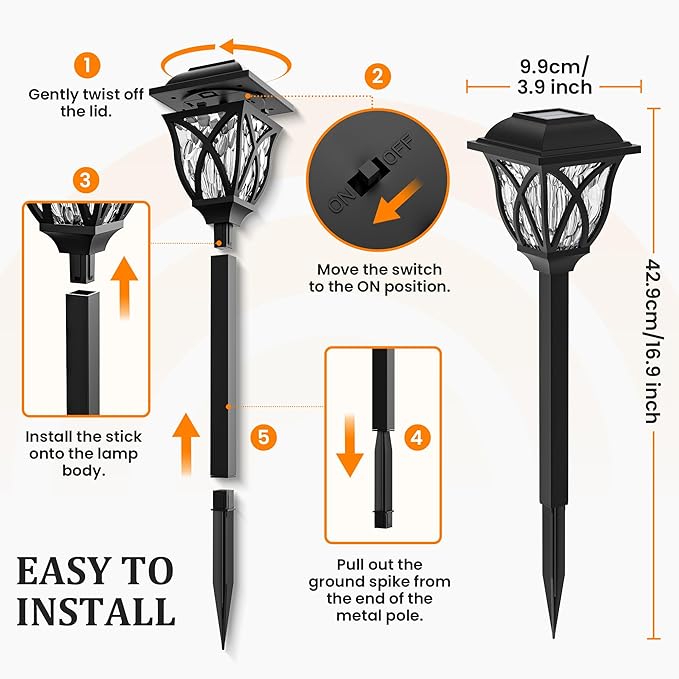 GIGALUMI Solar Lights Outdoor Waterproof, 6 Pack Flickering Flame LED Lights, Garden Decor for Yard, Patio, Landscape, Planter, Walkway