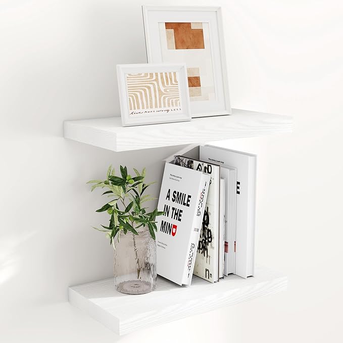 Fun Memories White Floating Shelves 16 Inch Long, 9 Inch Deep Wall Shelf for Bathroom, 16 x 9 Floating Shelf for Living Room, Bedroom, Kitchen, Rustic Wood Shelves for Wall, Set of 2