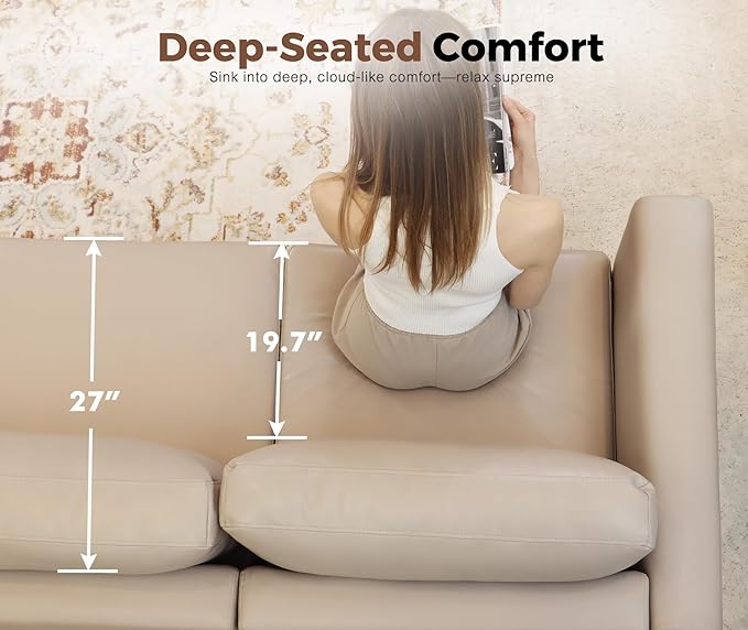 118.5" Faux Leather Modular Sectional Sofa, L Shaped Couch Set for Living Room, 5-Seater Comfy Cloud Couches with Movable Storage Ottoman,DIY Combination - Whitesand