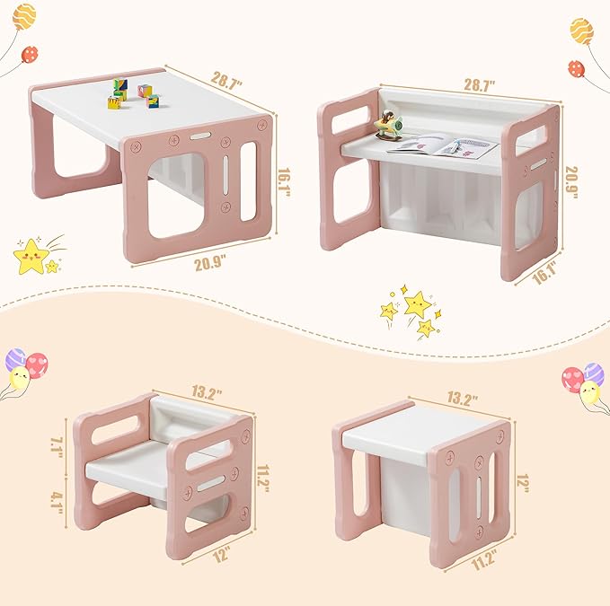 3 in 1 Montessori Weaning Table and 2 Chairs Set, Kids Desk and Chair Set, 2 Height Levels, Toddlers Activity Table for Drawing, Dining, Reading and Playing, Pink