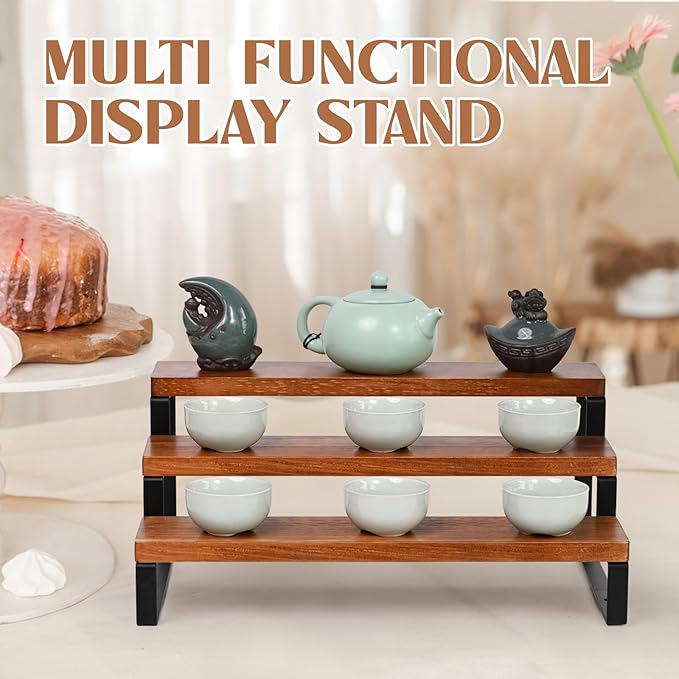 3 Tier Wooden Display Riser Stand Perfume Organizer with Metal Stand, Dessert Table Display Set, Food Display Stands for Party, Brown Rustic Solid Wood Shelf for Cupcakes, Perfume, Cologne, Spiece