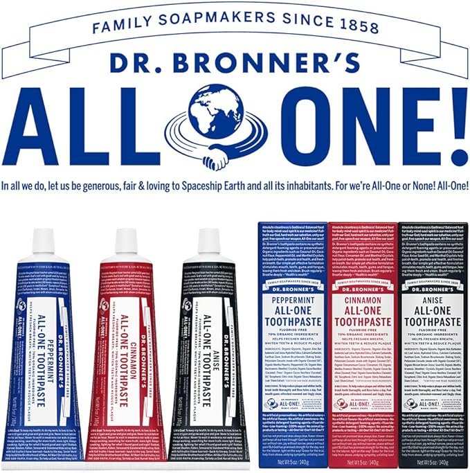 Dr. Bronner’s All-One Toothpaste– Cinnamon, 5 oz, 3-Pack– Fluoride-Free Toothpaste for Adults, SLS-Free, 70% Organic & Natural Ingredients, Vegan, Helps Freshen Breath, Reduce Plaque, Whiten Teeth