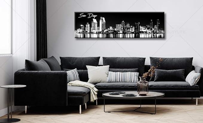 DJSYLIFE San Diego Skyline Wall Art Black and White Night View USA Cityscape California Pictures Artwork Painting Poster for Bedroom Office Decoration Stretch Framed Ready to Hang 13.8"x47.3"