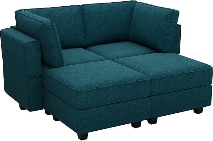 Bellfin Modular Sectional Sleeper Sofa Convertible Sofas with Storage Ottomans Small Sectional Couches for Living Room. Peacock Blue Couch