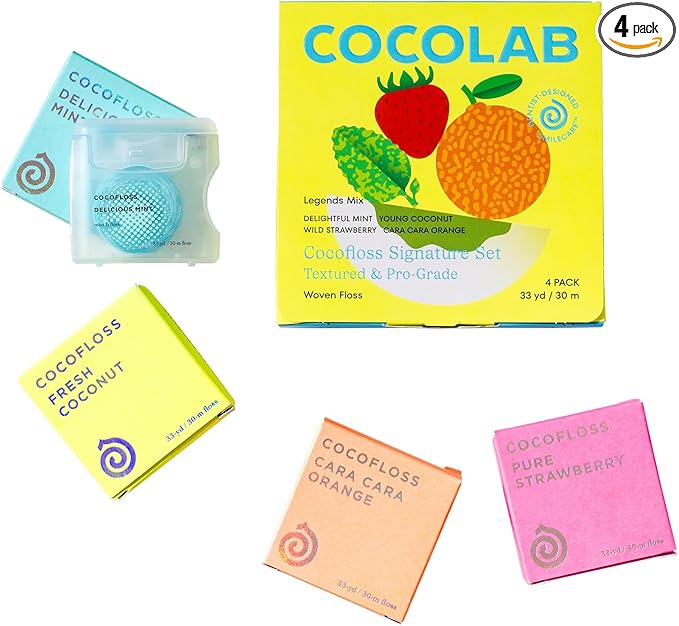 Cocofloss Woven Dental Floss, Dentist-Designed Oral Care, Waxed, Vegan, Kid-Friendly, with Coconut Oil, 4-Pack of Mint, Coconut, Orange, Strawberry (33 yard Each)