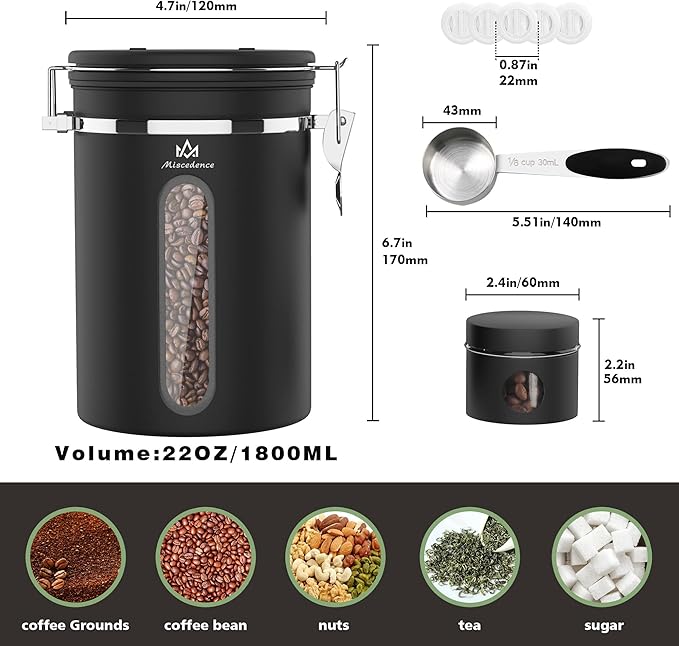 Coffee Canister for ground coffee with Transparent Window,Date Tracker CO2 Valve 304 Stainless Steel Kitchen Food Airtight storage container for Coffee Beans or Grounds, Tea, Sugar(black 22OZ)