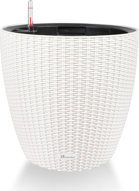 Dexceder 18x17 Inches Rattan Self Watering Planter Indoor Outdoor, Inner Pot Design, Thickened Table Flower Plant Pot with Water Level Indicator (Ivory White)