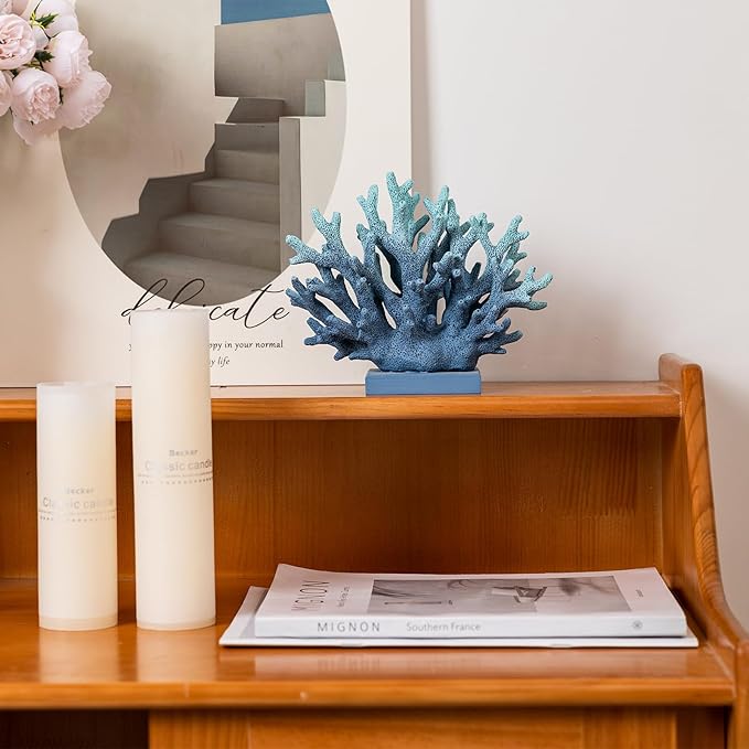 5.8" H Blue Coral Decor, Resin Coral Statue, Nautical Decorations for Home, Beach/Coastal/Ocean Themed Cabinet Shelf Tabletop Decor