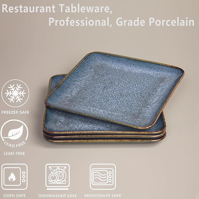 Ceramic Dinner Plates Dish Set, Set of 4, Microwave Oven and Dishwasher Safe, Scratch Resistant, Dinnerware Kitchen Porcelain Serving Dishes Blue, 9 inch Square plate