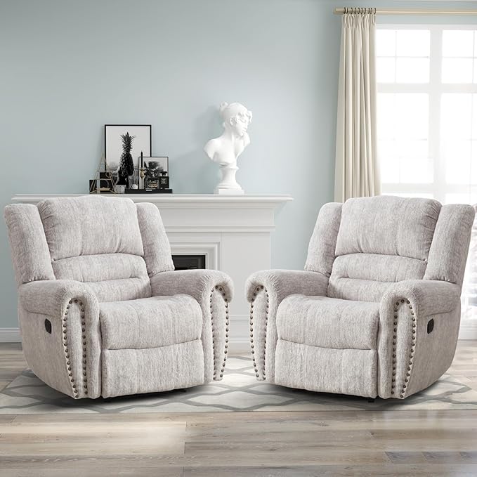 CANMOV Manual Recliner Chair Set of 2, Classic and Traditional Manual Recliner Chair with Comfortable Arms and Back Single Sofa for Living Room, White Grey