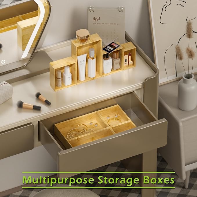 Bathroom Drawer Organizer Trays, Bamboo Silverware Drawer Organizer Kitchen Utensils, 8 PCS Wood Box Stackable Bins for Makeup, Office Desk, Vanity, Junk Drawer