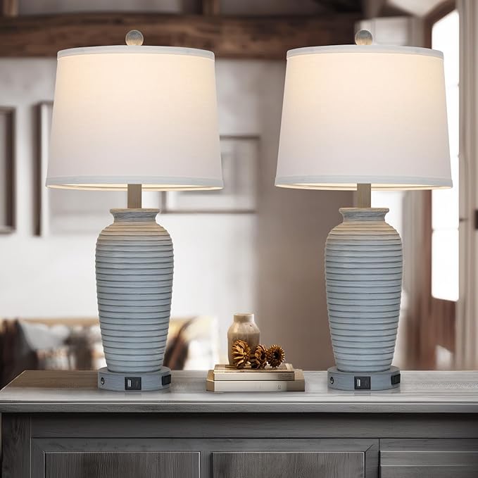 25" Farmhouse Jar Table Lamp Set of 2 Vintage Rustic Lamps for Living Room, Resin Bedside Nightstand Lamps with Linen Lampshades, Retro Pot Lamp for Living Room, Bedroom(LED Bulbs Included)