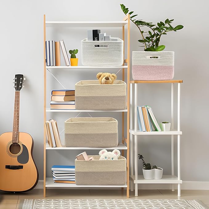 COMFY-HOMI Cotton Rope Woven Basket with Handles for Shelves,Toys,Book, Cloth Storage Baskets for Organizing-17" x 13" x 7.5" Toy Decorative Organizer for Living Room, Bathroom （Beige brown）