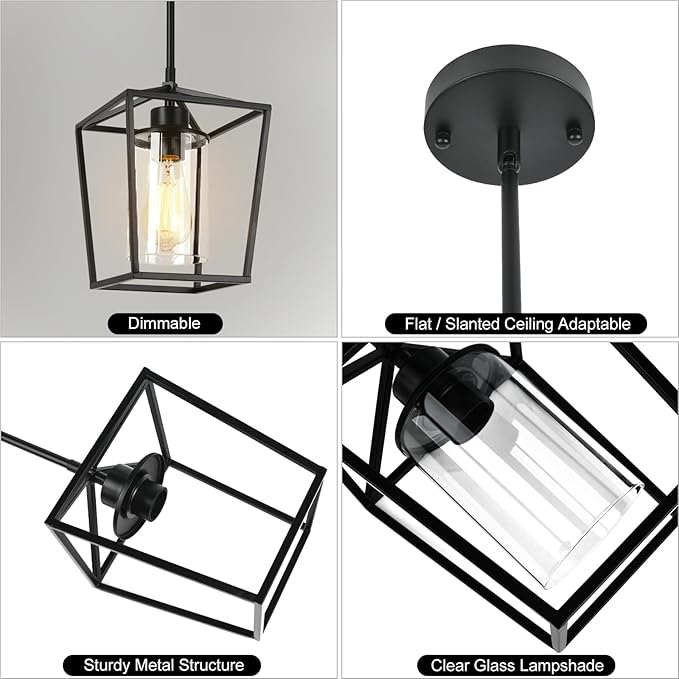 3 Pack Black Pendant Lights for Kitchen Island, 1-Light Farmhouse Metal Pendant Light Cage Kitchen Hanging Light Fixtures with Clear Glass Shade for Dining Room, Entryway, Hallway, Foyer