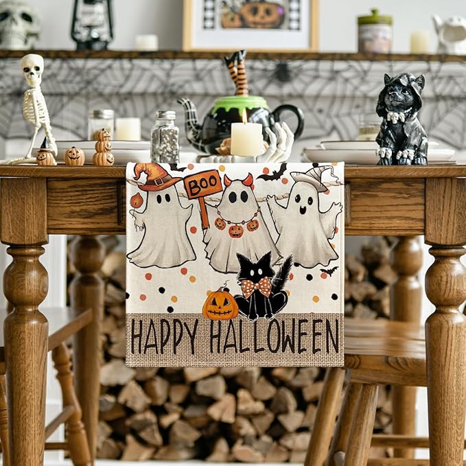 Artoid Mode Beige Ghost Jack-O'-Lantern Black Cat Halloween Table Runner,Holiday Kitchen Dining Table Decoration for Home Party Decor 13 x 120 Inch